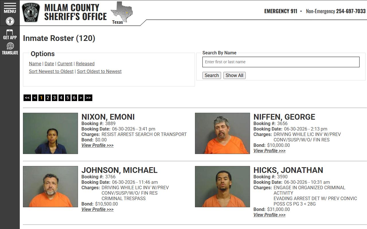 Milam County current inmate roster search and booking list