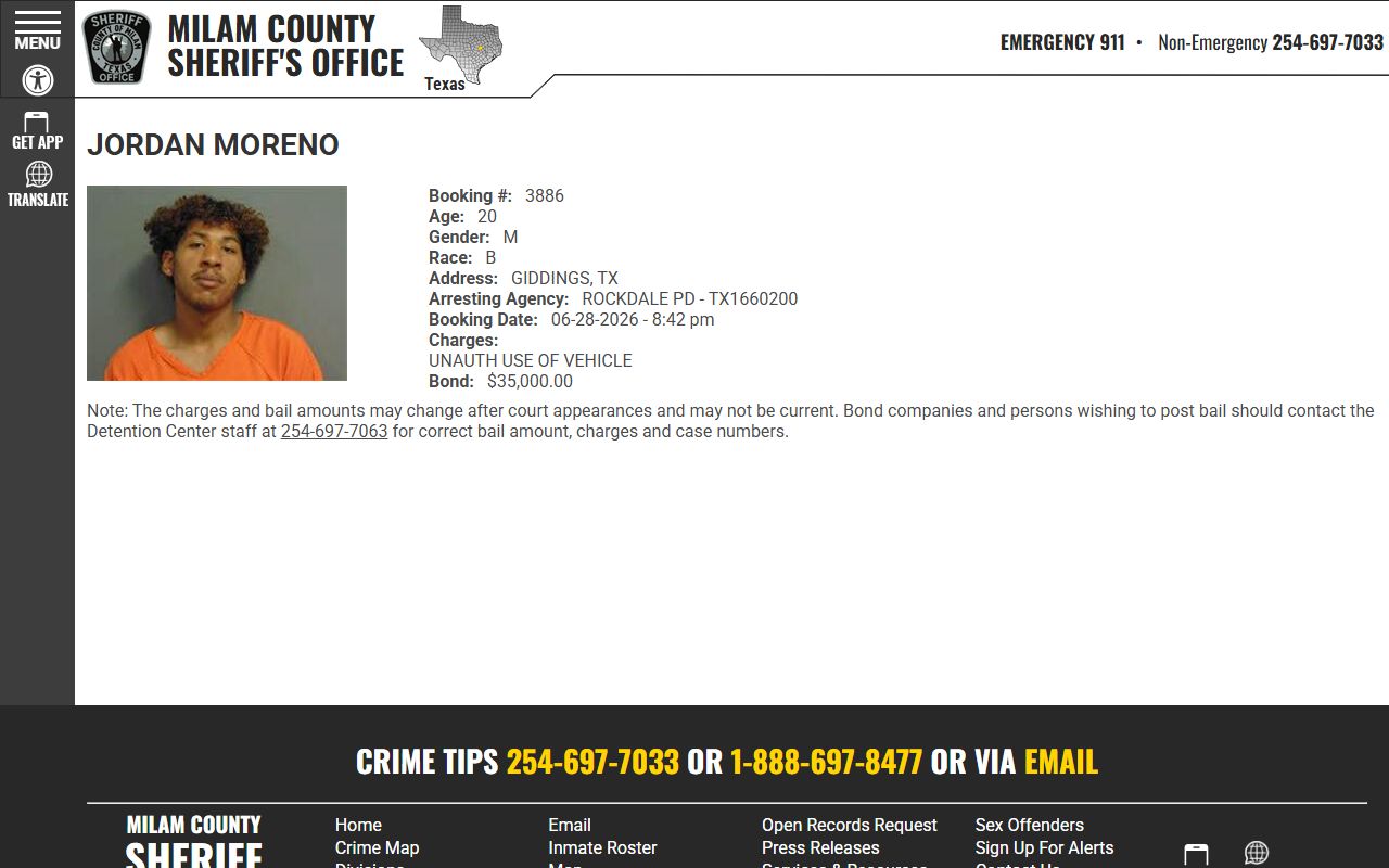 Milam County jail mugshot and booking photo profile fields